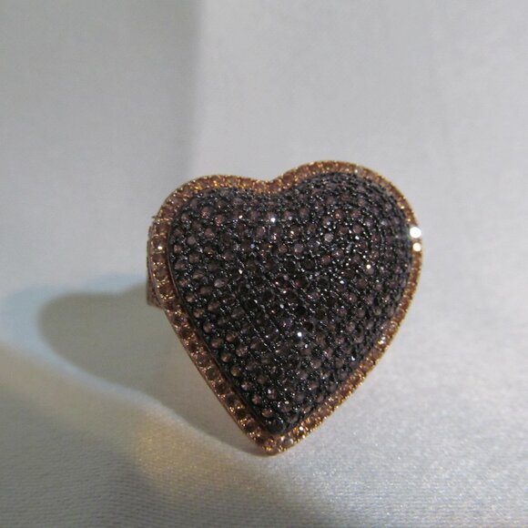 Bella Luce Mocha & Champagne Diamond Simulant Rose Gold Plated 925 Heart Ring 10 - Picture 2 of 15